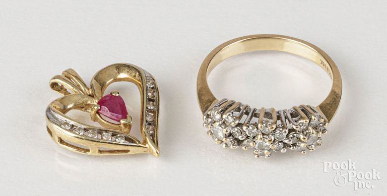 14k gold diamond ring and 10k gold ruby and diamond pendant