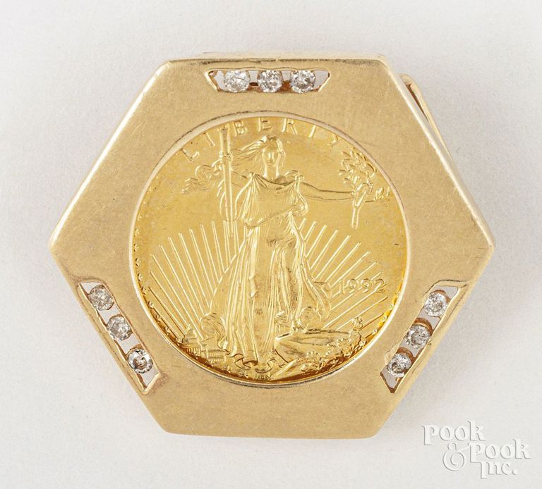 14k yellow gold diamond coin pendant
