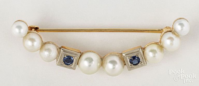 14k gold pearl and sapphire brooch
