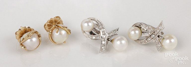 14k gold diamond and pearl earrings and pearl earrings