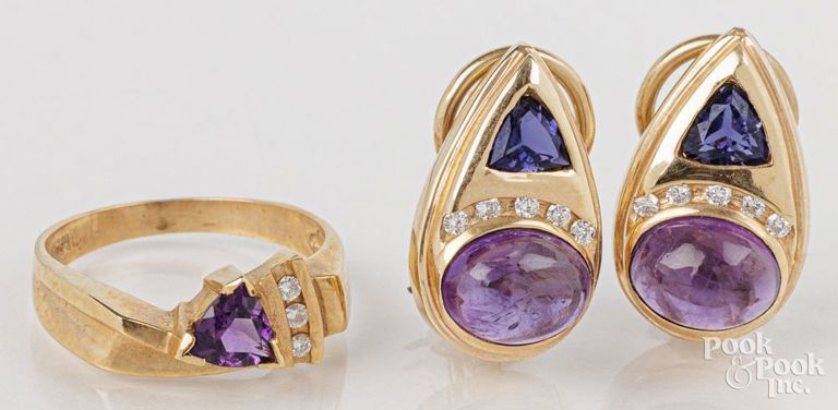 14k yellow gold gemstone earrings and ring