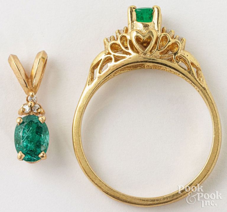14k yellow gold emerald and diamond ring and pendant
