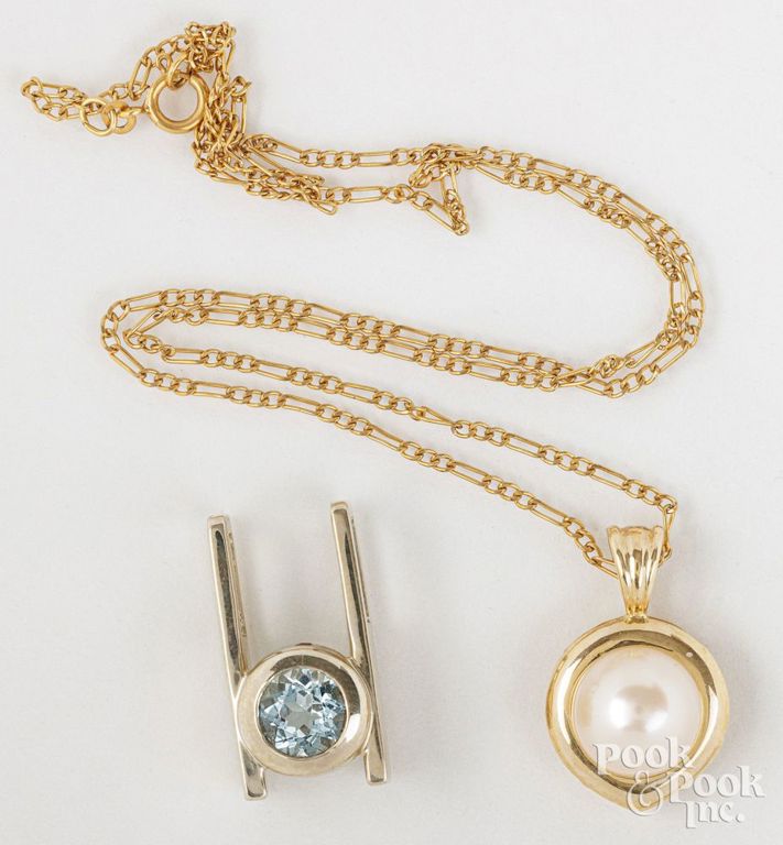 14k gold aquamarine pendant, and pearl pendant necklace
