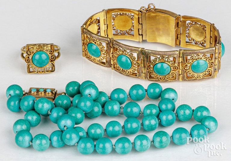 10k yellow gold turquoise demi-parure