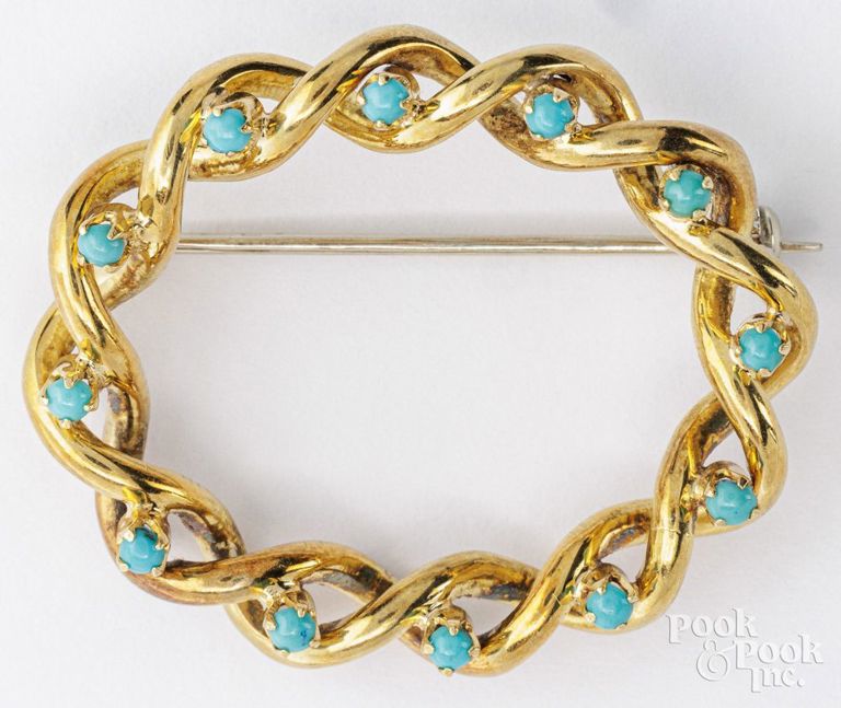 18k yellow gold turquoise brooch