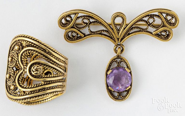 14k yellow gold amethyst brooch and 14k yellow gold ring