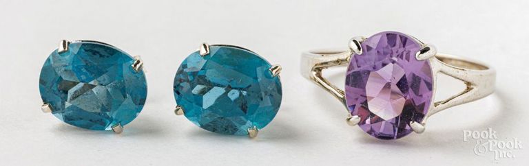 14k white gold amethyst ring and topaz earrings