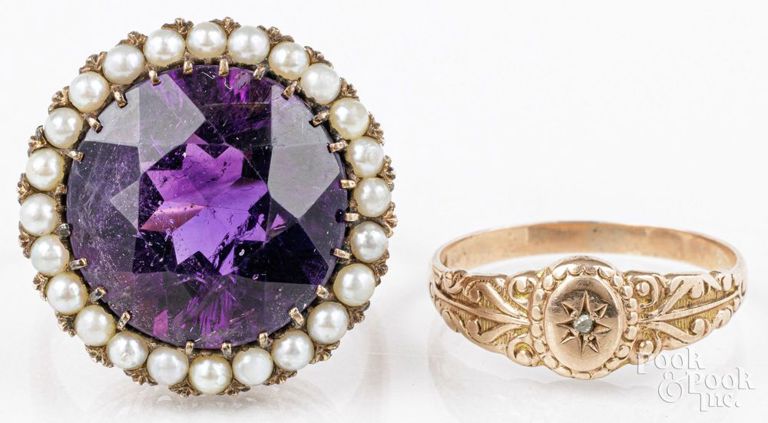 10k yellow gold amethyst and pearl ring and 10k rose gold ring