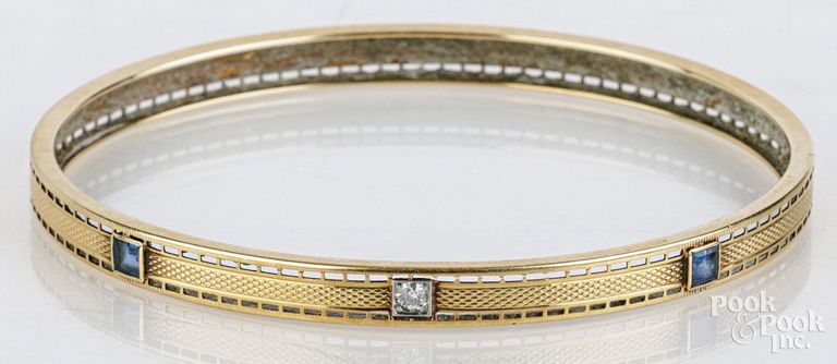 14k yellow gold diamond and sapphire bangle bracelet
