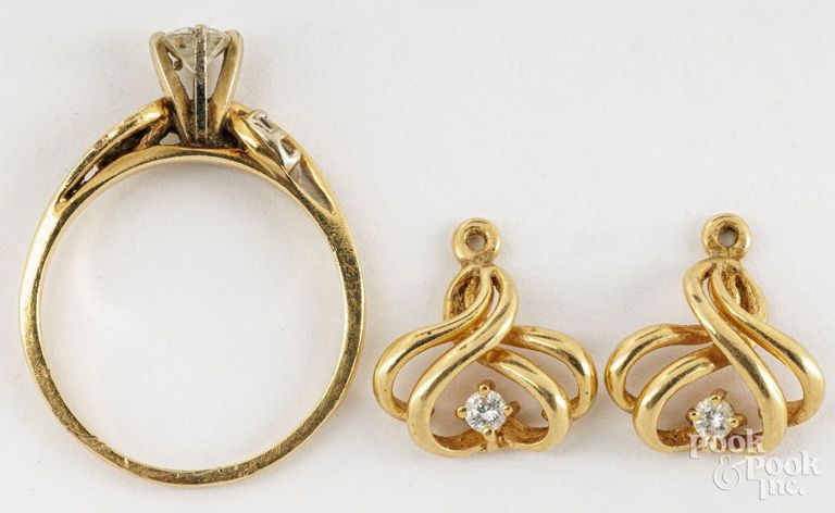 14k yellow gold diamond ring and earrings