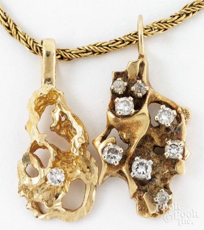 18k gold necklace with two 14k gold diamond pendants