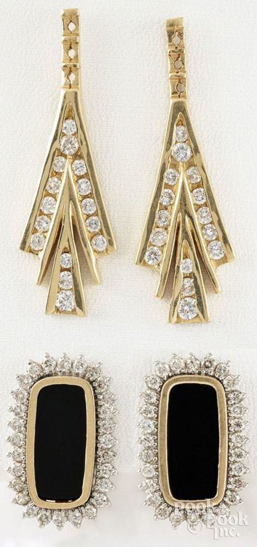 Two pairs of 14k yellow gold diamond earrings