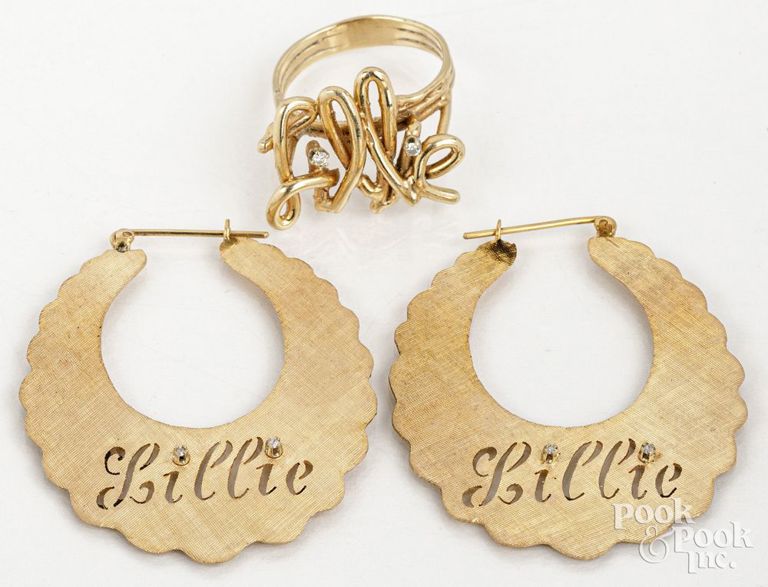 14k yellow gold diamond earrings and ring