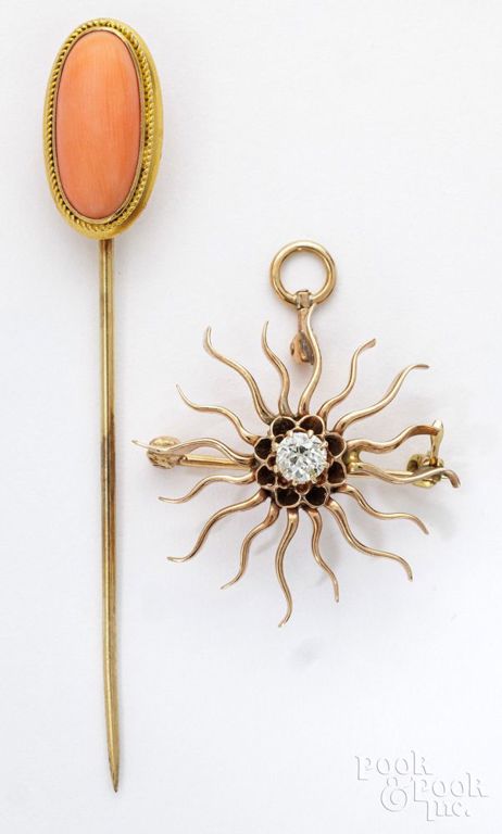 10k gold diamond brooch and 14k gold coral stick pin