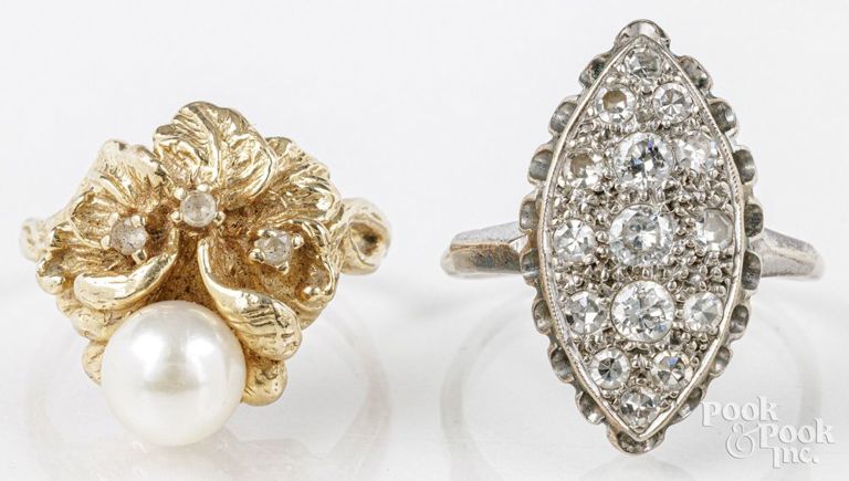 14k yellow gold pearl ring and 10k white gold diamond ring