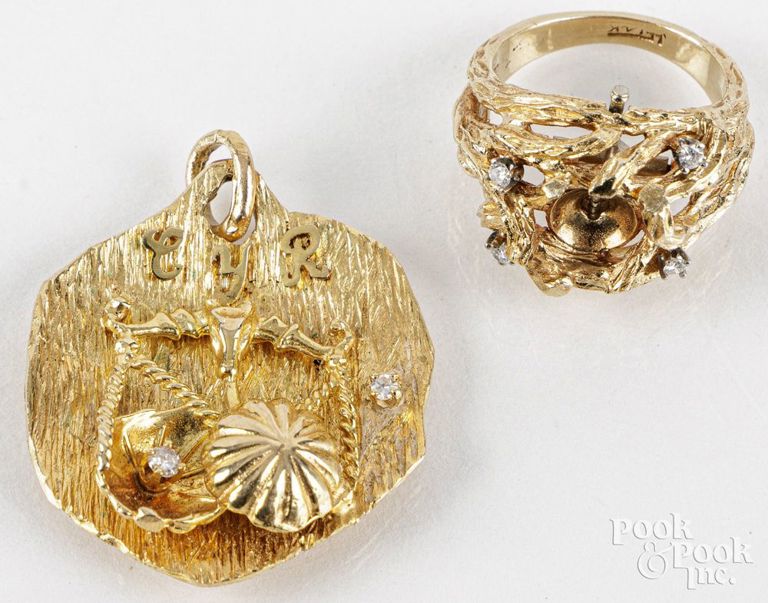 14k yellow gold diamond pendant and ring
