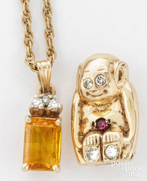 14k yellow gold monkey brooch and pendant necklace