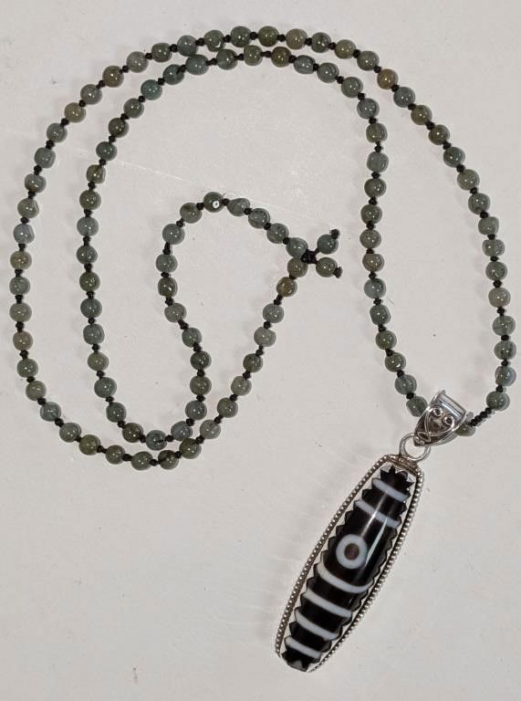 Sterling silver Tibetan Dzi and jade necklace