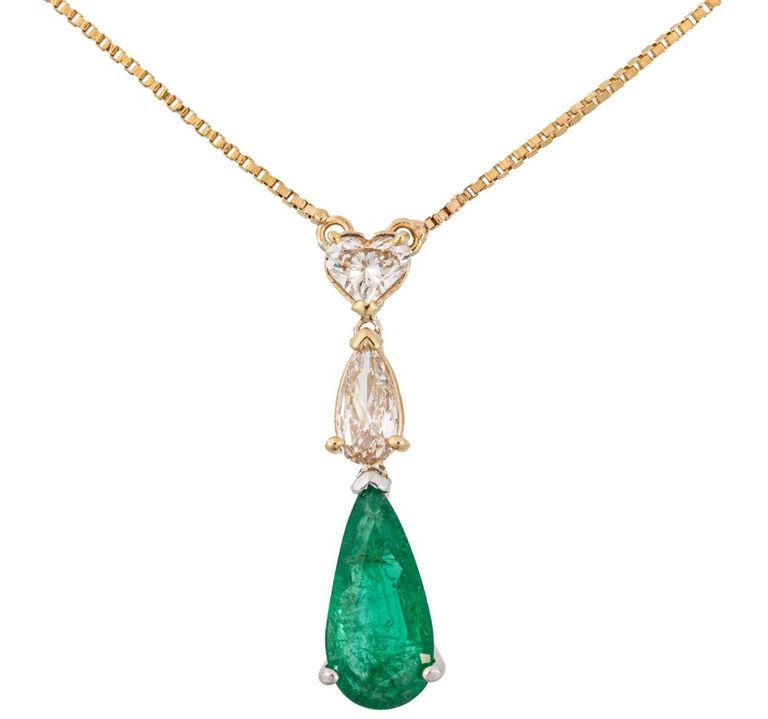 14k two-tone gold emerald and diamond pendant on necklace