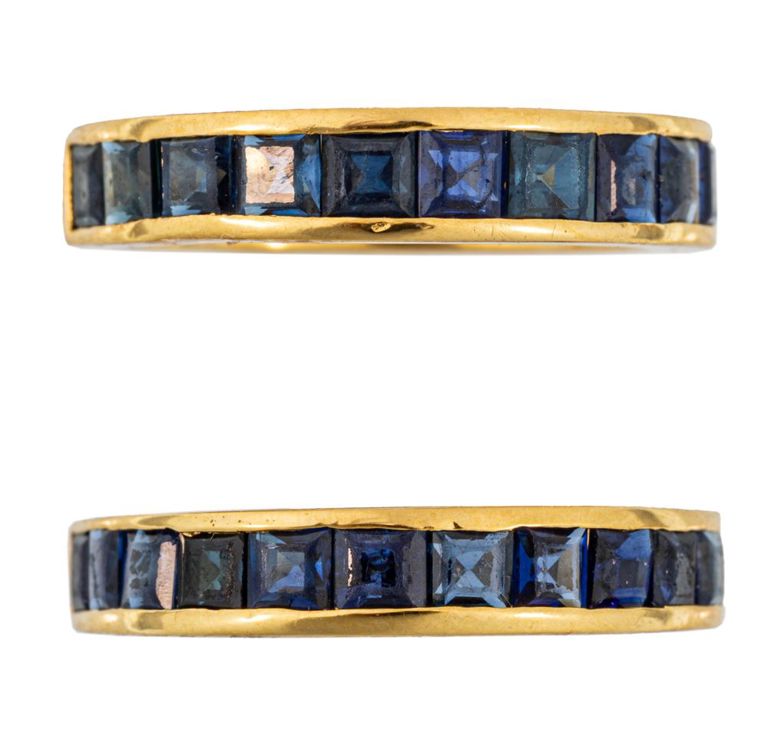 Two 18k yellow gold gemstone band rings