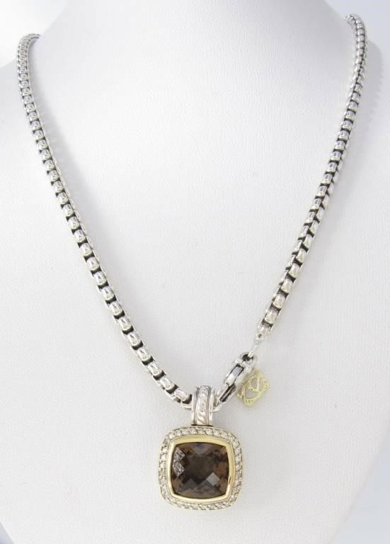 18k Gold and Silver Smoky Quartz Pendant Necklace