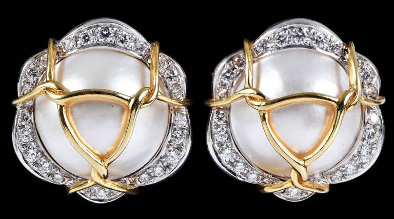 18k Gold and Platinum Pearl and Diamond Earrings