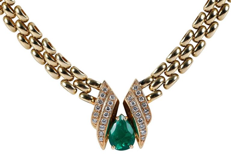 14k Yellow Gold Emerald and Diamond Necklace