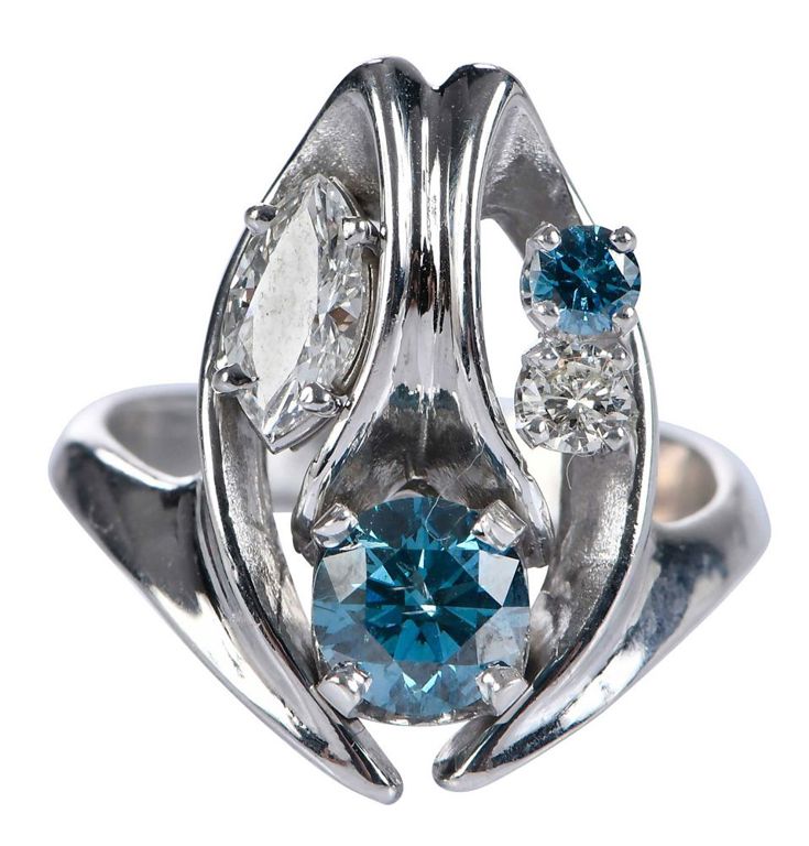 14k White Gold Blue and White Diamond Ring