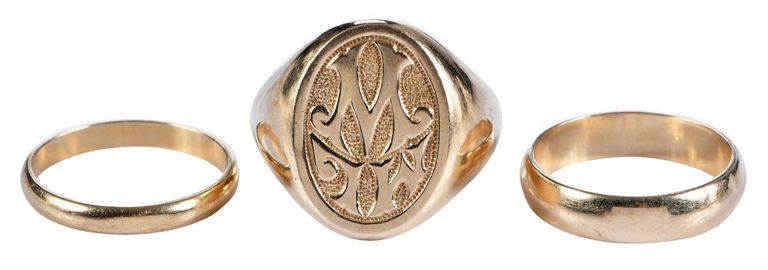 14k Gold Signet and Wedding Bands