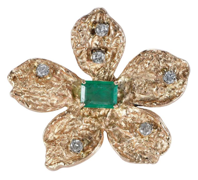 14k Gold Emerald and Diamond Brooch
