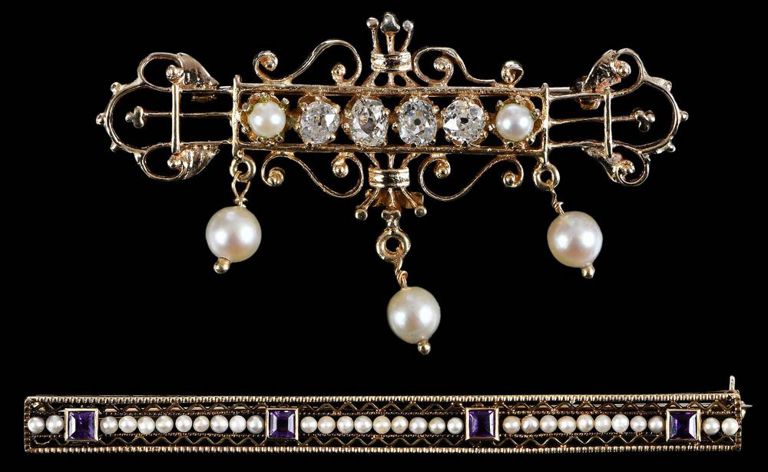 14k Gold Gemstone and Pearl Brooches
