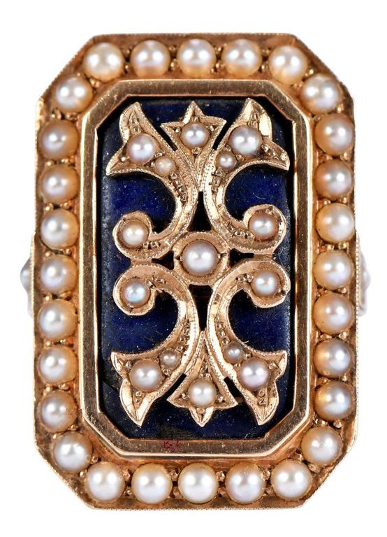 14k Gold Seed Pearl and Cobalt Ring