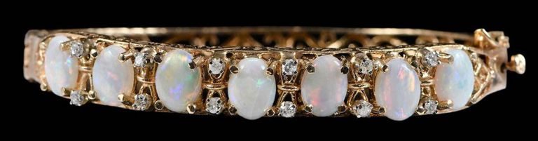 14k Gold Opal and Diamond Bangle
