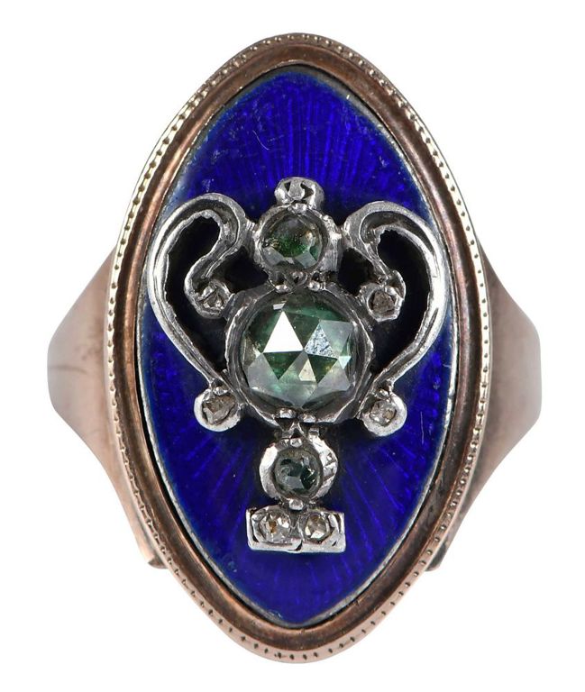 10k Gold Blue Enamel and Diamond Ring