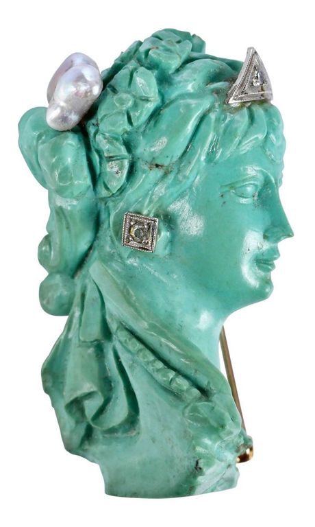 Turquoise Diamond and Pearl Brooch