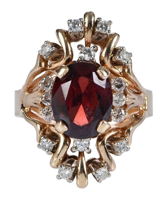 14k Yellow Gold Garnet and Diamond Ring