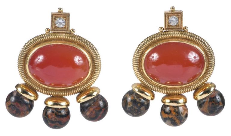 18k Gold Diamond, Carnelian and Agate Earrings