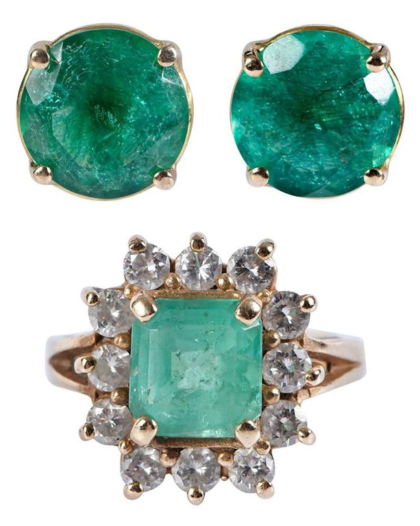 14k Gold Emerald and Diamond Ring and Earrings