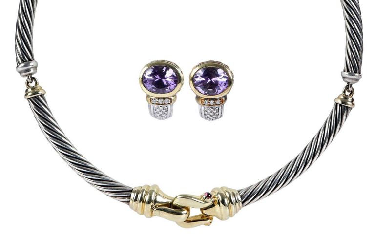 14k Gold Garnet Necklace and Amethyst Earrings