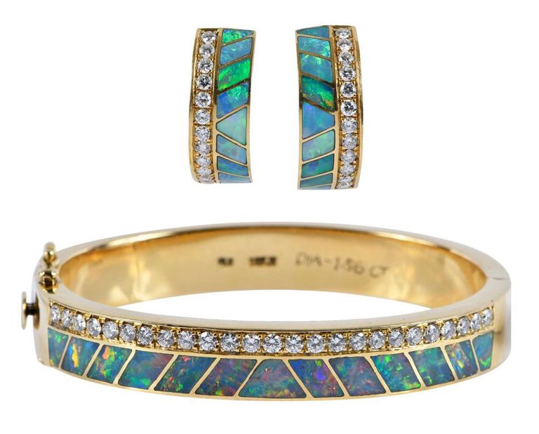 18k Gold Opal Diamond Bracelet and Earrings