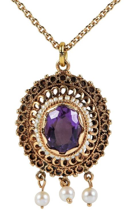 14k Gold Amethyst and Pearl Pendant Necklace