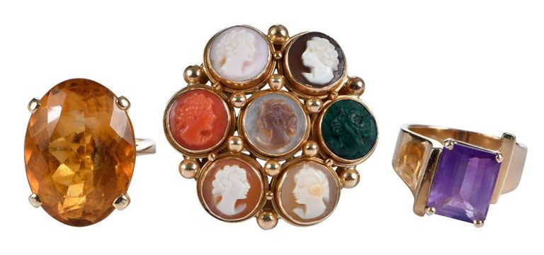 14k Gold Amethyst, Topaz and Cameo Rings