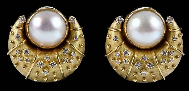 18k Gold Mabe Pearl and Diamond Earrings
