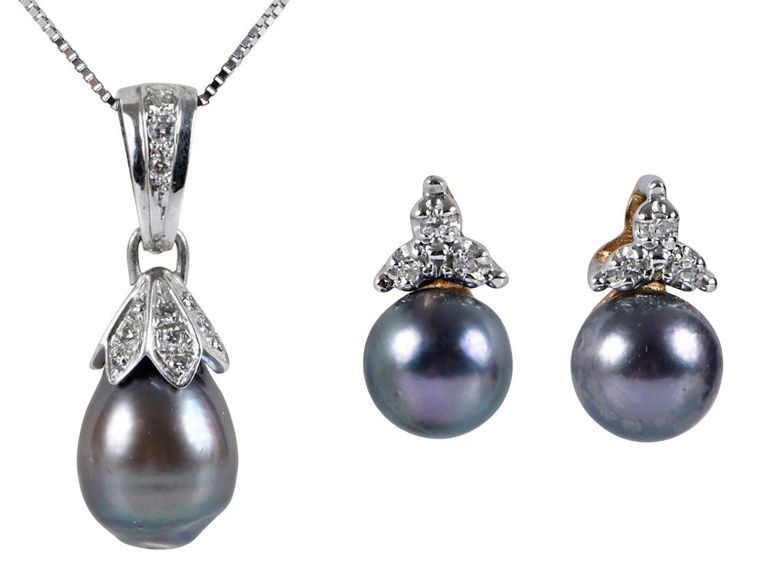 Gold Pearl and Diamond Necklace and Earrings