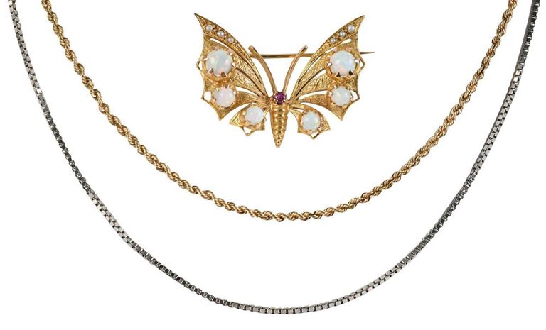 14k Gold Opal Butterfly Brooch and Chains