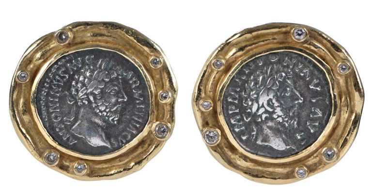 18k Gold Ancient Coin and Diamond Earrings