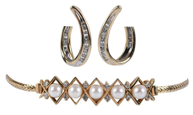 14k Gold Diamond Hoop Earrings and Pearl Bracelet
