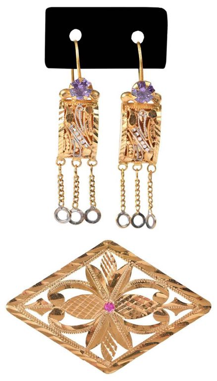 22k Gold Earrings and Ruby Brooch