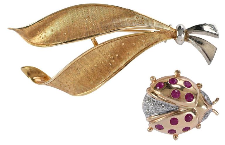 18k and 14k Gold Ribbon and Ladybug Brooches