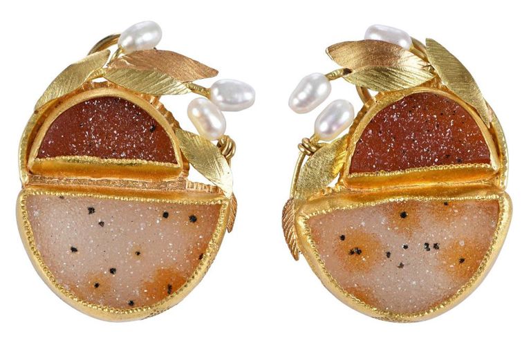 18k Gold Druzy Agate and Pearl Earrings